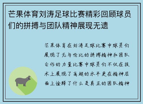 芒果体育刘涛足球比赛精彩回顾球员们的拼搏与团队精神展现无遗