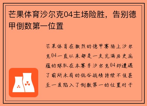 芒果体育沙尔克04主场险胜，告别德甲倒数第一位置